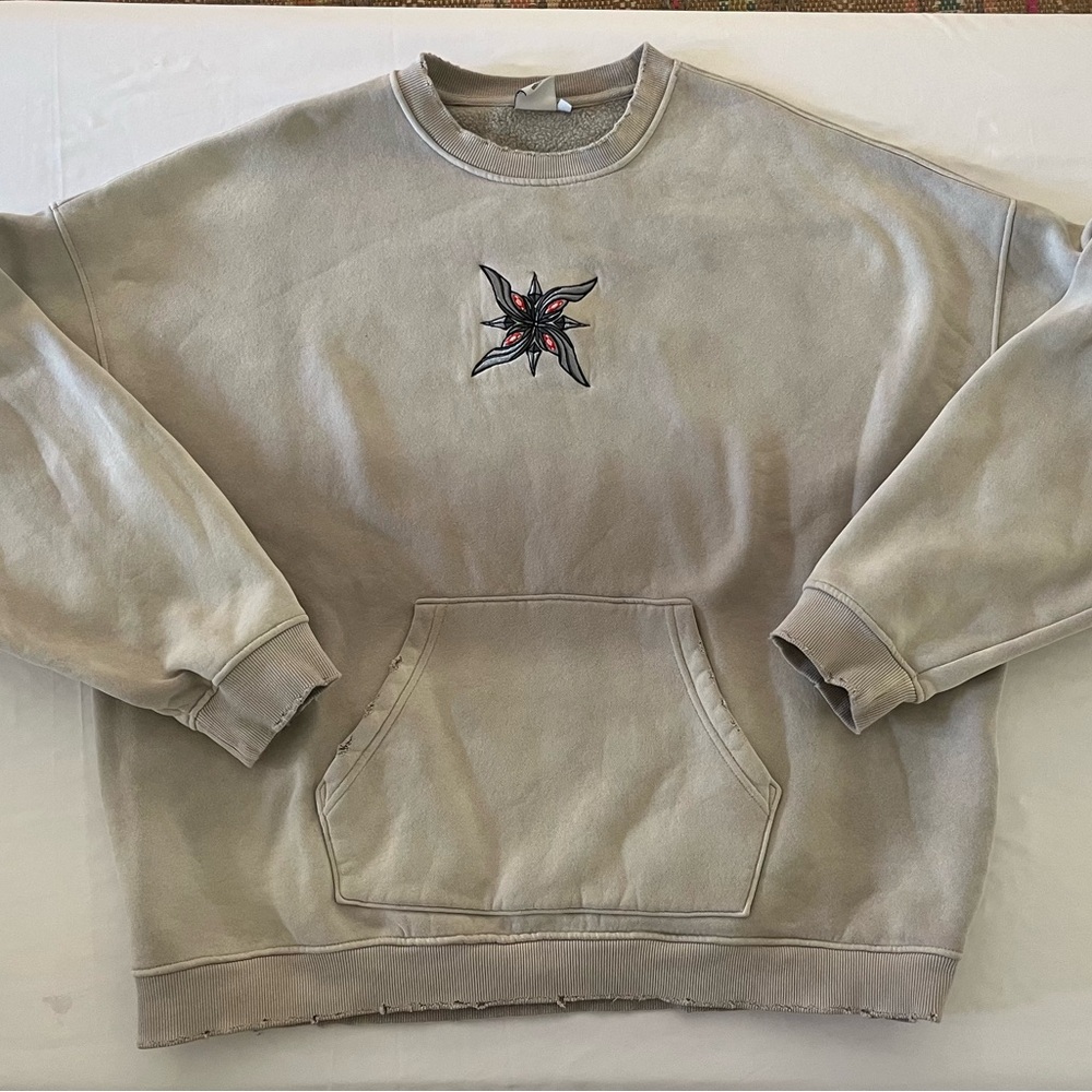 Tan Distressed Crewneck Sweatshirt with Embroidered Genshin Design